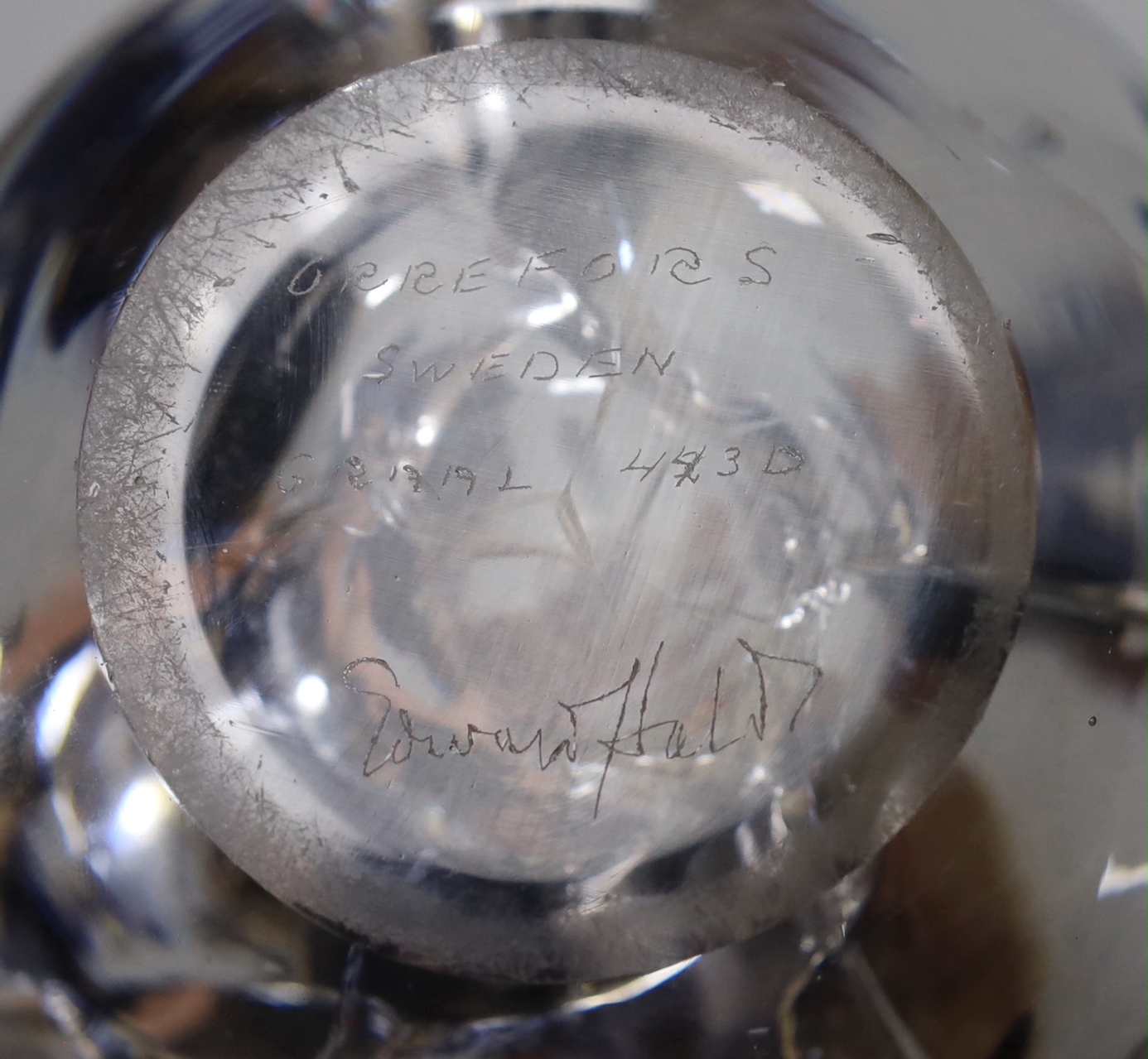 An Orrefors glass Graal fish vase by Edward Hald, signed to the base, 12cm high